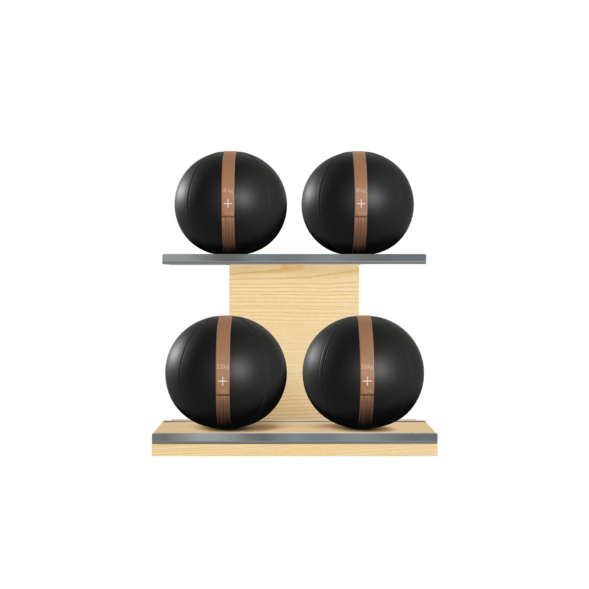 Four black leather medicine balls with brown accent leather, arranged on two shelves made of natural ash wood. PENT. MOXA Power - Set of 4 Medicine Balls on Horizontal Wooden Stand