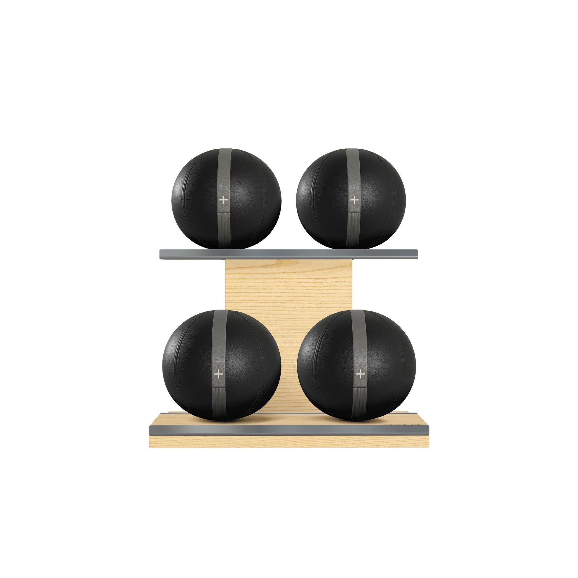 Four black leather medicine balls with grey accent leather, arranged on two shelves made of natural ash wood. PENT. MOXA Power - Set of 4 Medicine Balls on Horizontal Wooden Stand