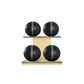 Four black leather medicine balls with grey accent leather, arranged on two shelves made of natural ash wood. PENT. MOXA Power - Set of 4 Medicine Balls on Horizontal Wooden Stand