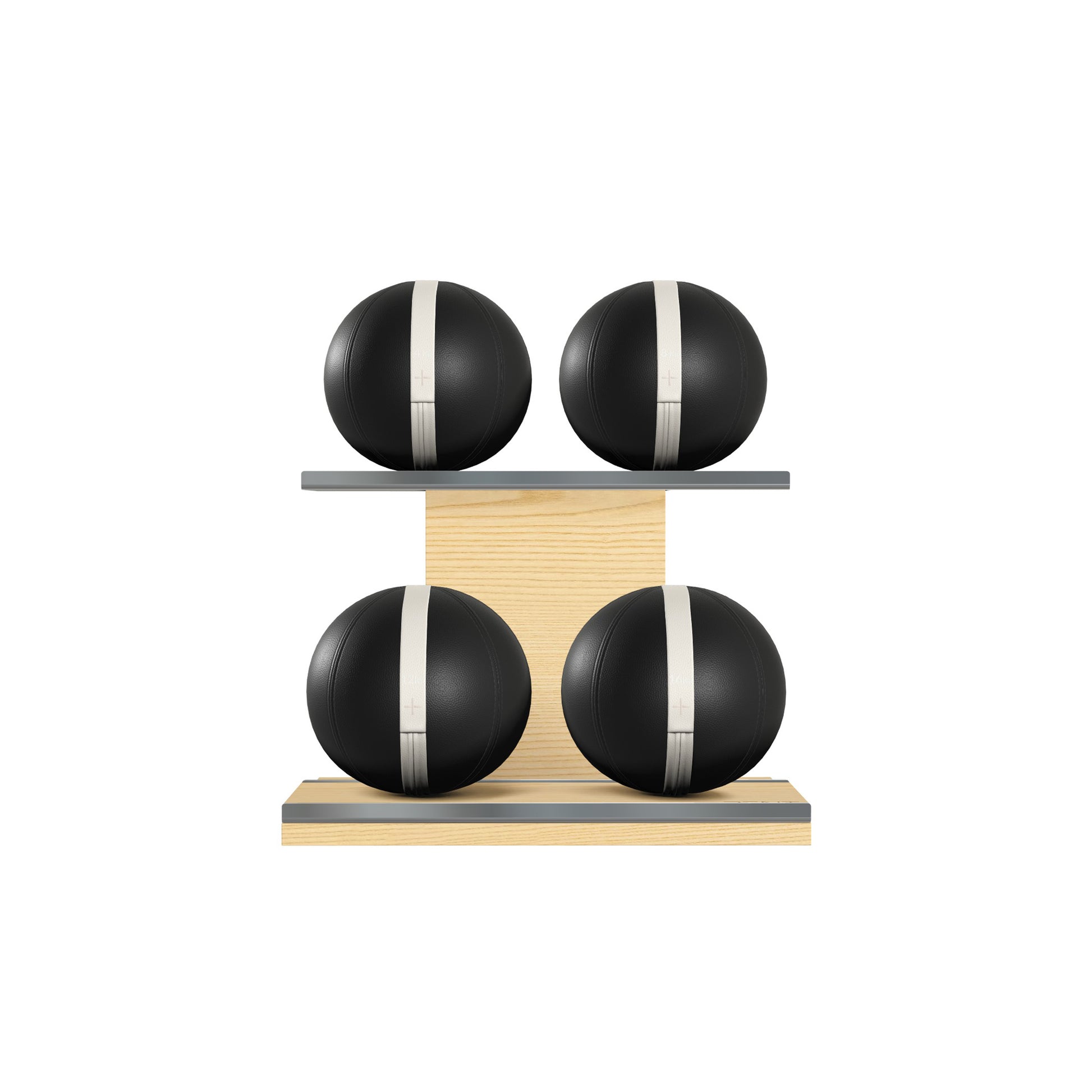 Four black leather medicine balls with white accent leather, arranged on two shelves made of natural ash wood. PENT. MOXA Power - Set of 4 Medicine Balls on Horizontal Wooden Stand
