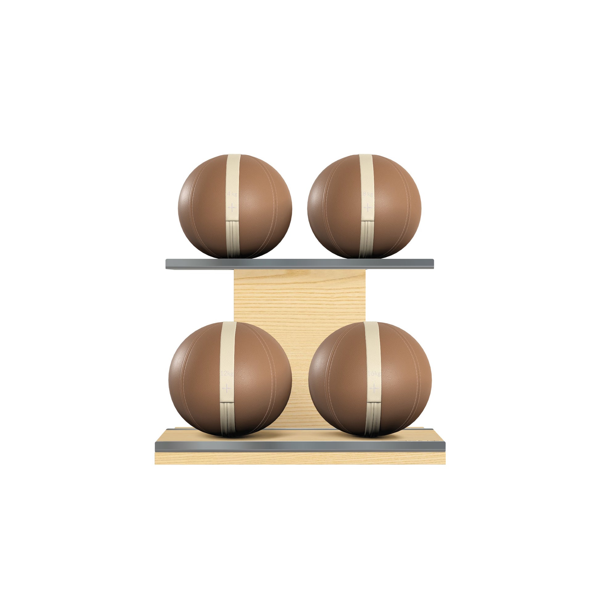 Four brown leather medicine balls with beige accent leather, arranged on two shelves made of natural ash wood. PENT. MOXA Power - Set of 4 Medicine Balls on Horizontal Wooden Stand