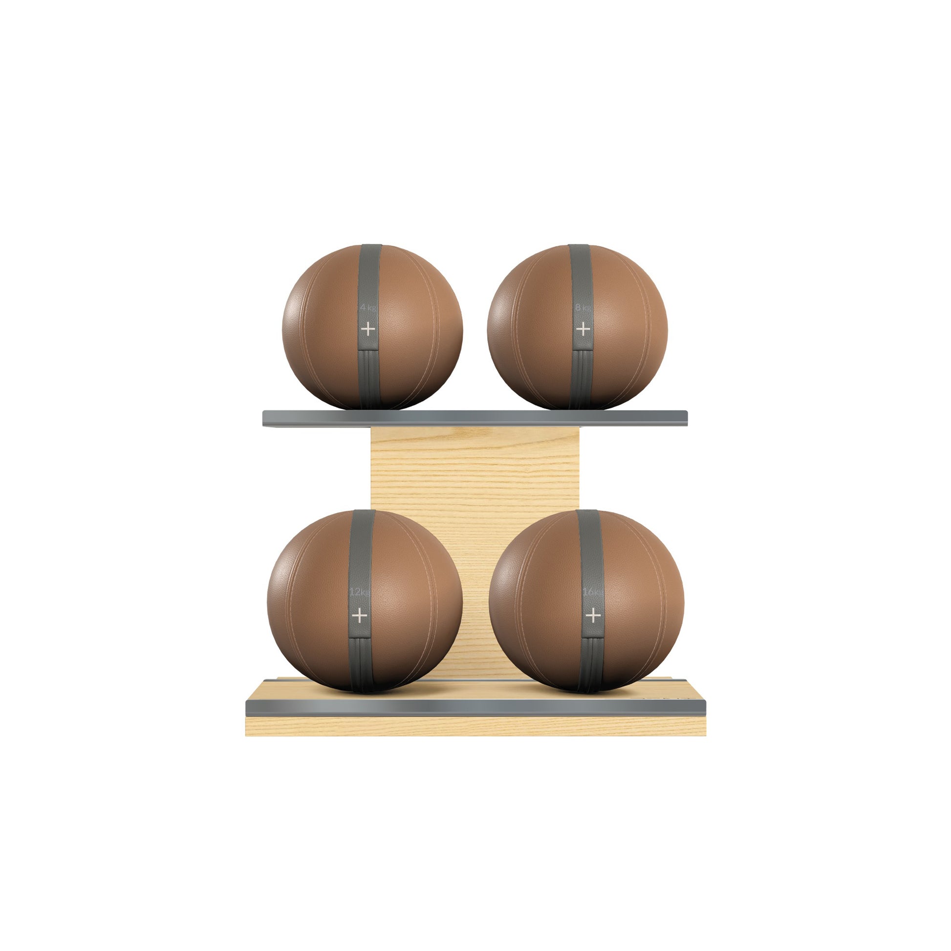 Four brown leather medicine balls with grey accent leather, arranged on two shelves made of natural ash wood. PENT. MOXA Power - Set of 4 Medicine Balls on Horizontal Wooden Stand
