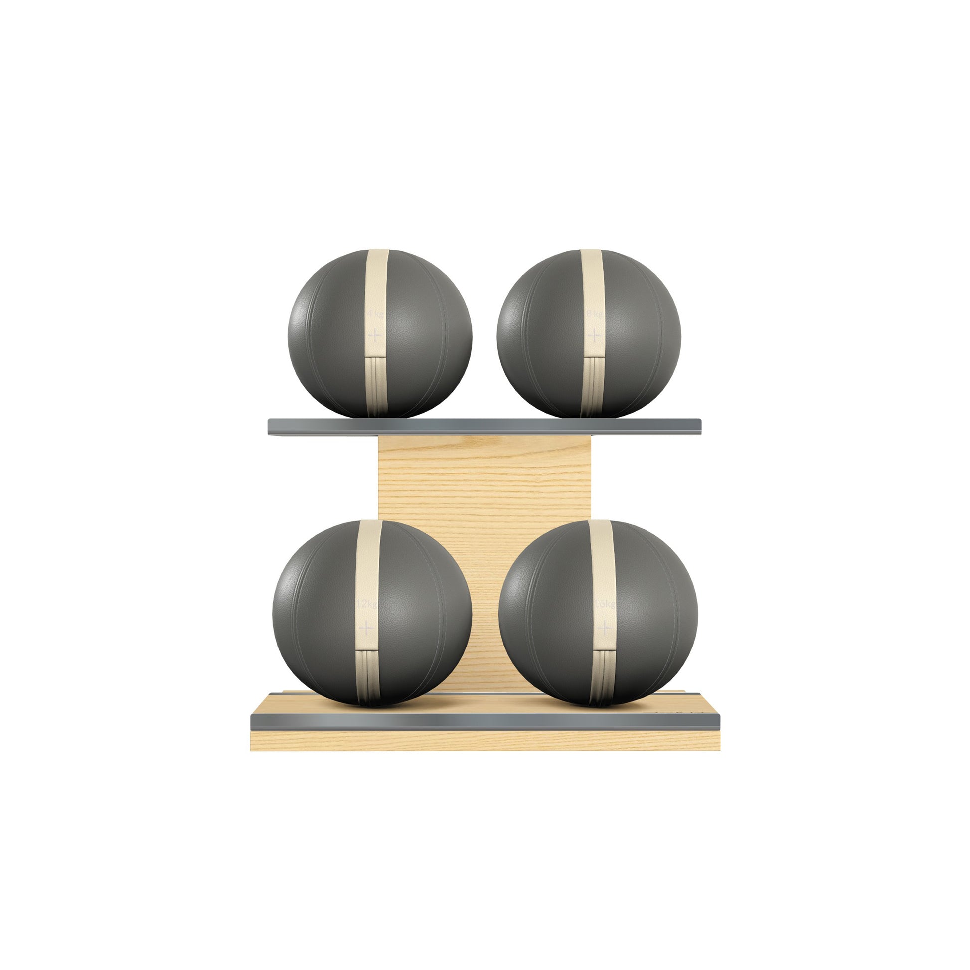 Four grey leather medicine balls with beige accent leather, arranged on two shelves made of natural ash wood. PENT. MOXA Power - Set of 4 Medicine Balls on Horizontal Wooden Stand
