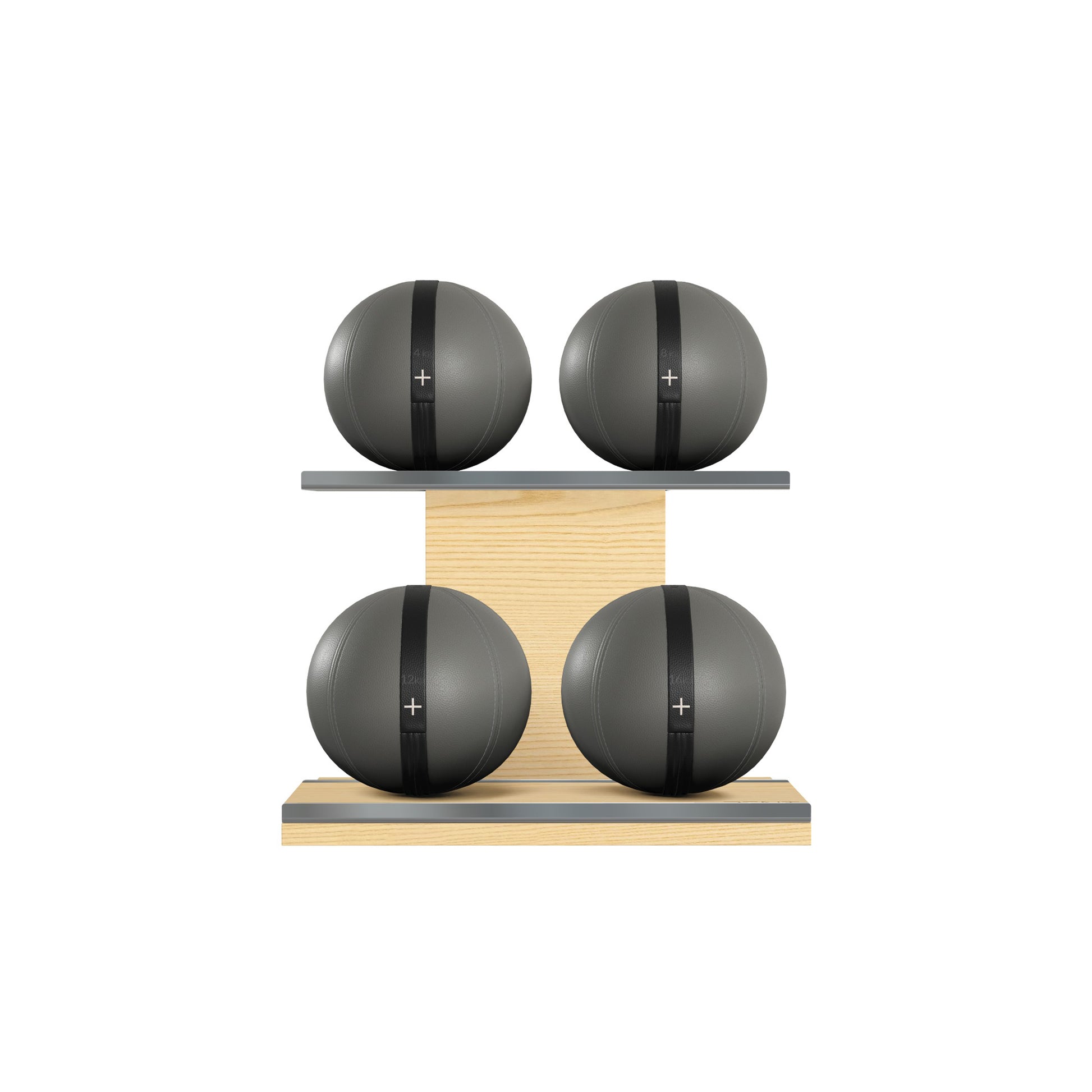 Four grey leather medicine balls with black accent leather, arranged on two shelves made of natural ash wood. PENT. MOXA Power - Set of 4 Medicine Balls on Horizontal Wooden Stand