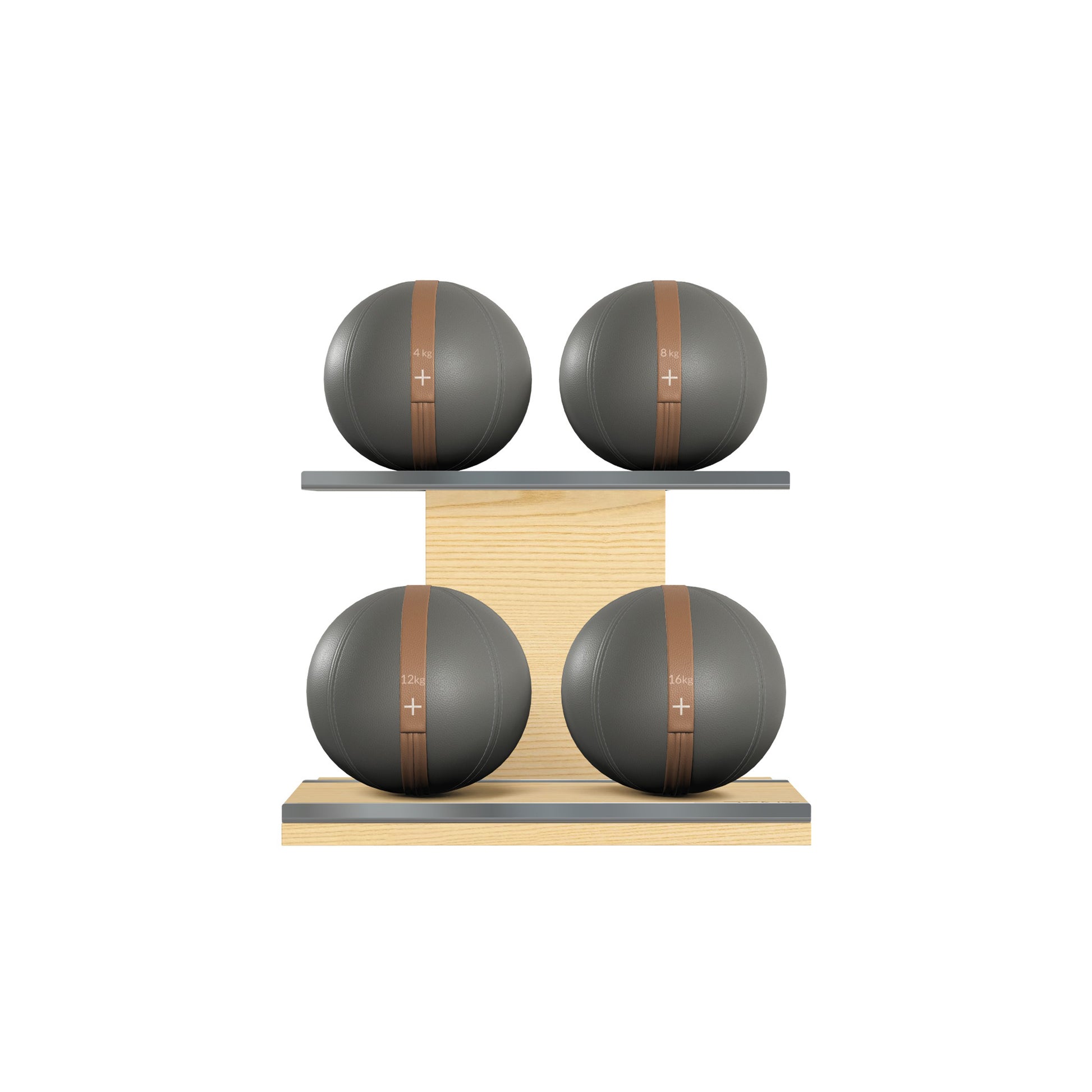 Four grey leather medicine balls with brown accent leather, arranged on two shelves made of natural ash wood. PENT. MOXA Power - Set of 4 Medicine Balls on Horizontal Wooden Stand