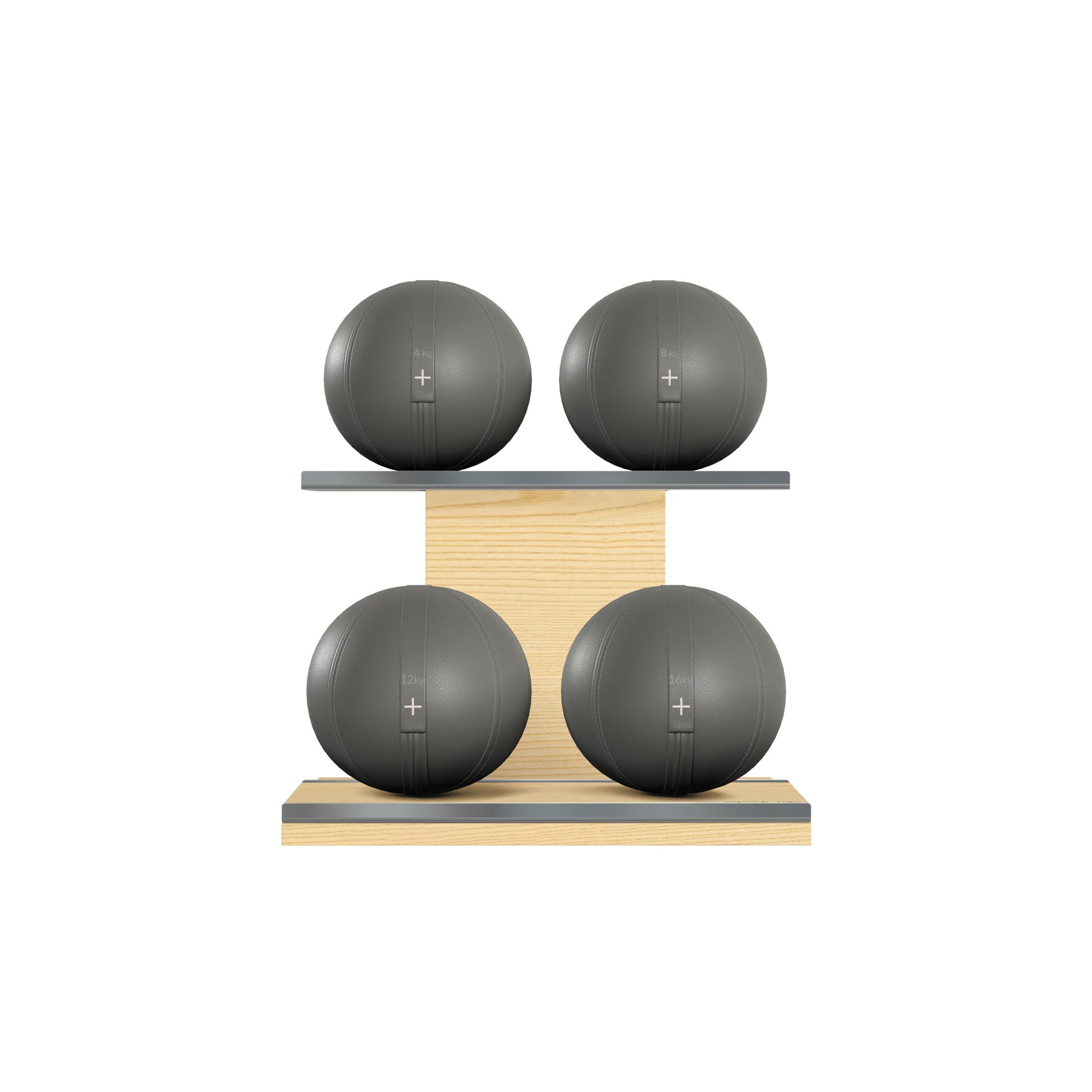 Four grey leather medicine balls with grey accent leather, arranged on two shelves made of natural ash wood. PENT. MOXA Power - Set of 4 Medicine Balls on Horizontal Wooden Stand