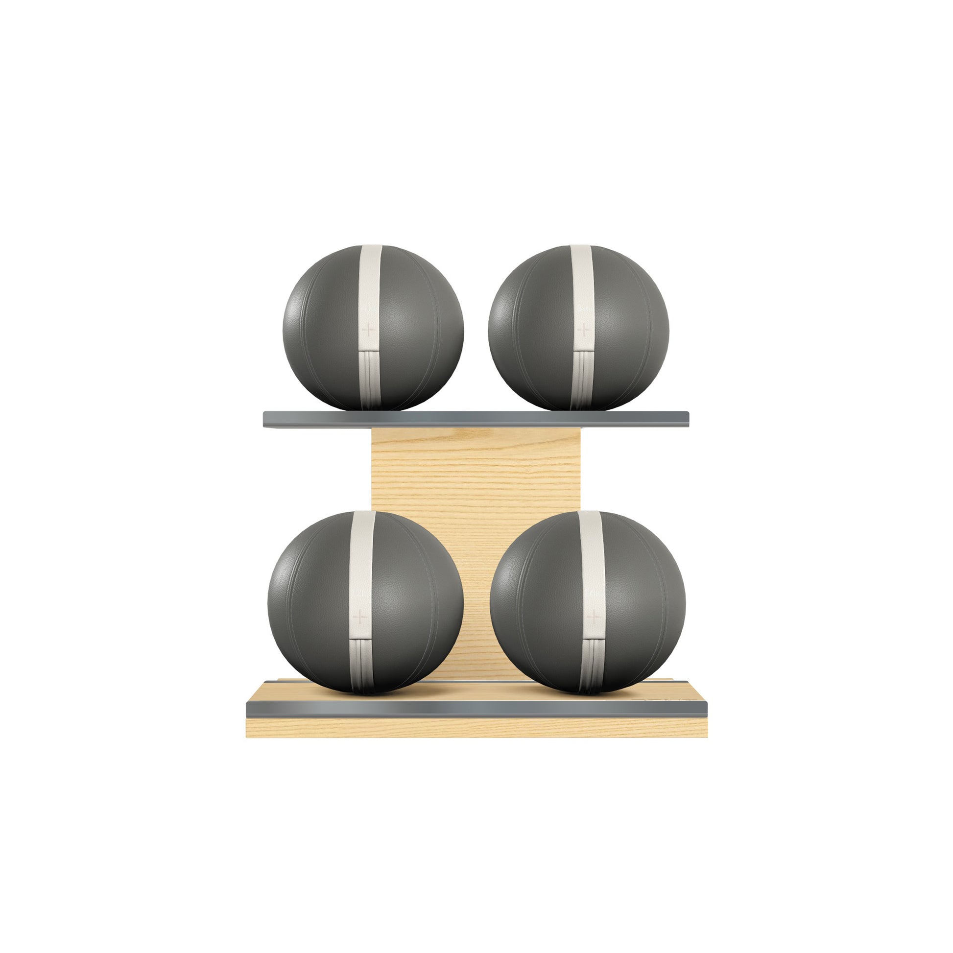 Four grey leather medicine balls with white accent leather, arranged on two shelves made of natural ash wood. PENT. MOXA Power - Set of 4 Medicine Balls on Horizontal Wooden Stand