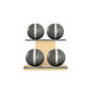 Four grey leather medicine balls with white accent leather, arranged on two shelves made of natural ash wood. PENT. MOXA Power - Set of 4 Medicine Balls on Horizontal Wooden Stand