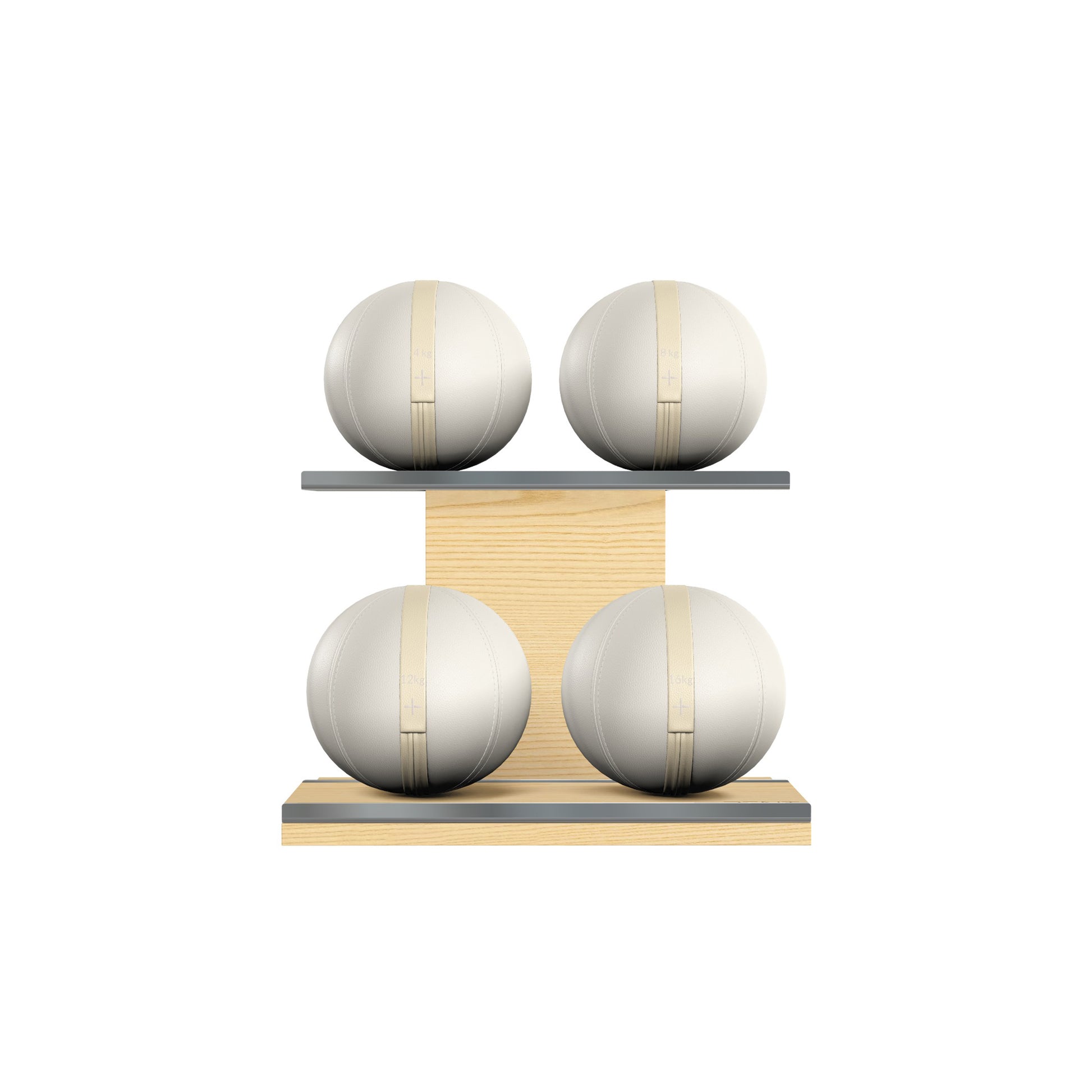 Four white leather medicine balls with beige accent leather, arranged on two shelves made of natural ash wood. PENT. MOXA Power - Set of 4 Medicine Balls on Horizontal Wooden Stand