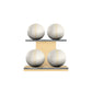 Four white leather medicine balls with beige accent leather, arranged on two shelves made of natural ash wood. PENT. MOXA Power - Set of 4 Medicine Balls on Horizontal Wooden Stand