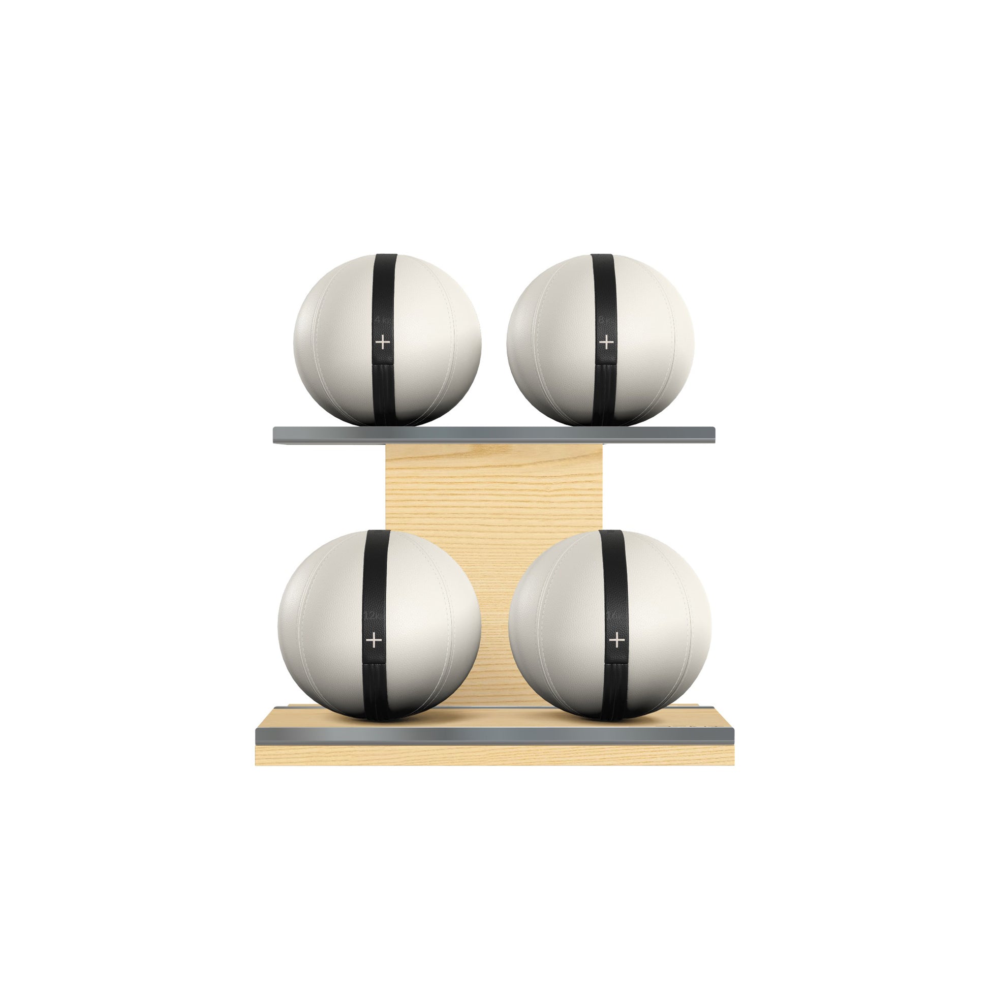 Four white leather medicine balls with black accent leather, arranged on two shelves made of natural ash wood. PENT. MOXA Power - Set of 4 Medicine Balls on Horizontal Wooden Stand