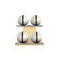 Four white leather medicine balls with black accent leather, arranged on two shelves made of natural ash wood. PENT. MOXA Power - Set of 4 Medicine Balls on Horizontal Wooden Stand
