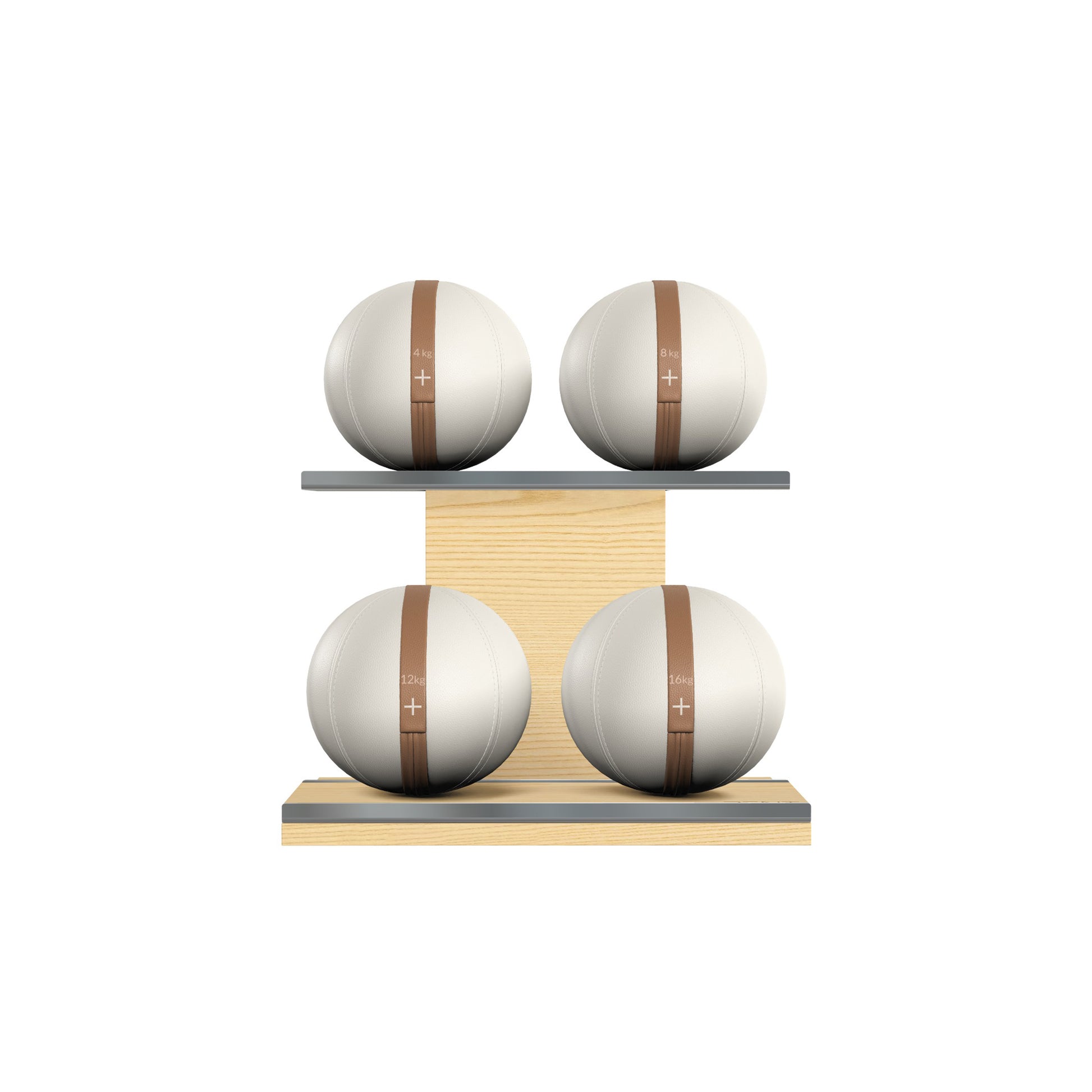 Four white leather medicine balls with brown accent leather, arranged on two shelves made of natural ash wood. PENT. MOXA Power - Set of 4 Medicine Balls on Horizontal Wooden Stand