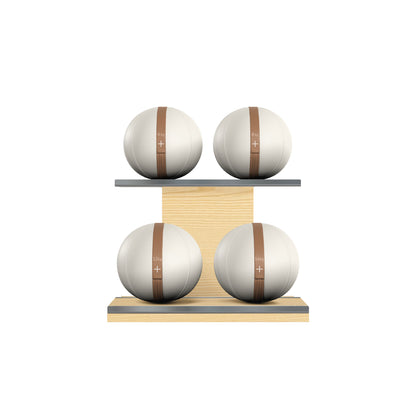 Four white leather medicine balls with brown accent leather, arranged on two shelves made of natural ash wood. PENT. MOXA Power - Set of 4 Medicine Balls on Horizontal Wooden Stand