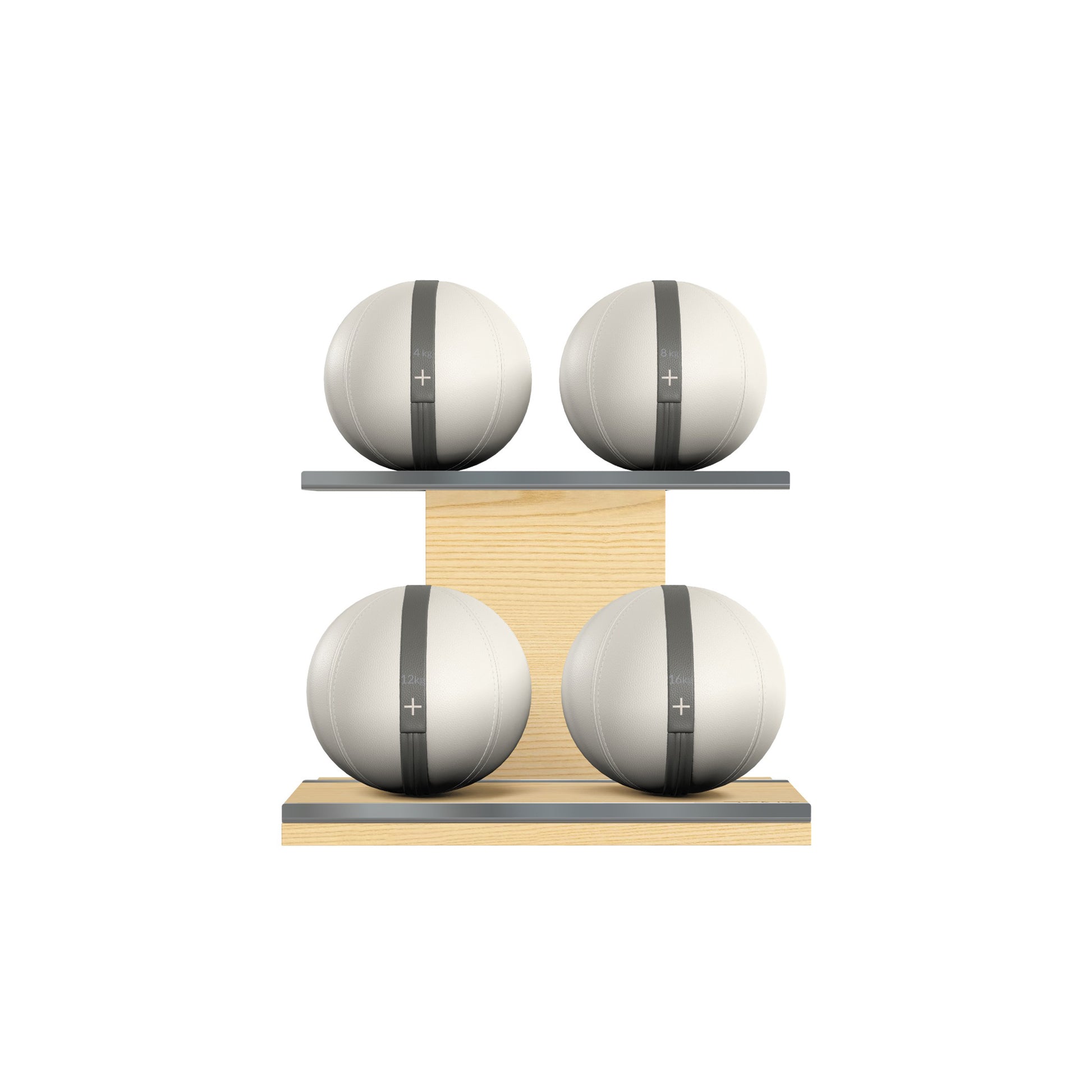 Four white leather medicine balls with grey accent leather, arranged on two shelves made of natural ash wood. PENT. MOXA Power - Set of 4 Medicine Balls on Horizontal Wooden Stand