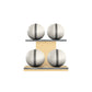 Four white leather medicine balls with grey accent leather, arranged on two shelves made of natural ash wood. PENT. MOXA Power - Set of 4 Medicine Balls on Horizontal Wooden Stand