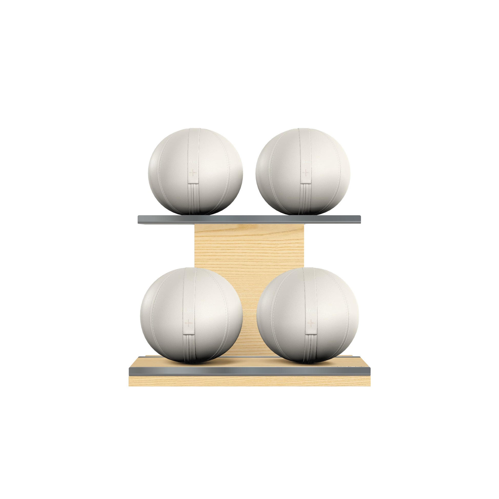Four white leather medicine balls with white accent leather, arranged on two shelves made of natural ash wood. PENT. MOXA Power - Set of 4 Medicine Balls on Horizontal Wooden Stand