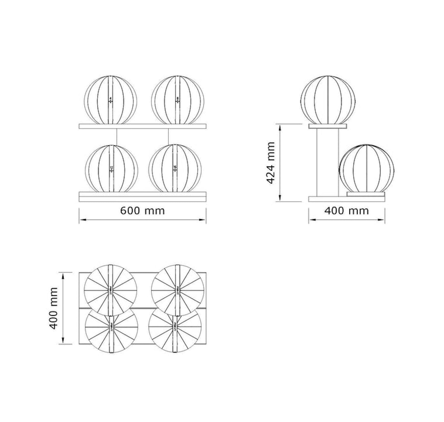 (Dimension image) Four medicine balls with stripes, arranged on two shelves made of natural wood. PENT. MOXA Power - Set of 4 Medicine Balls on Horizontal Wooden Stand