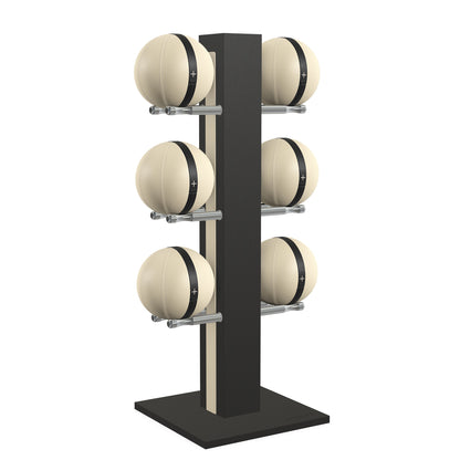 Luxury fitness equipment,  6 leather medicine ball on vertical wooden stand, handcrafted with premium Italian beige leather and natural black ash wood. PENT. MOXA Set
