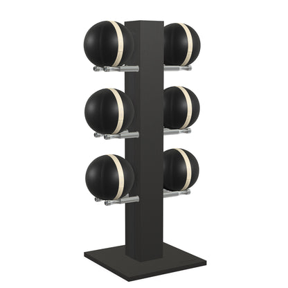 Luxury fitness equipment,  6 leather medicine ball on vertical wooden stand, handcrafted with premium Italian black leather and natural black ash wood. PENT. MOXA Set