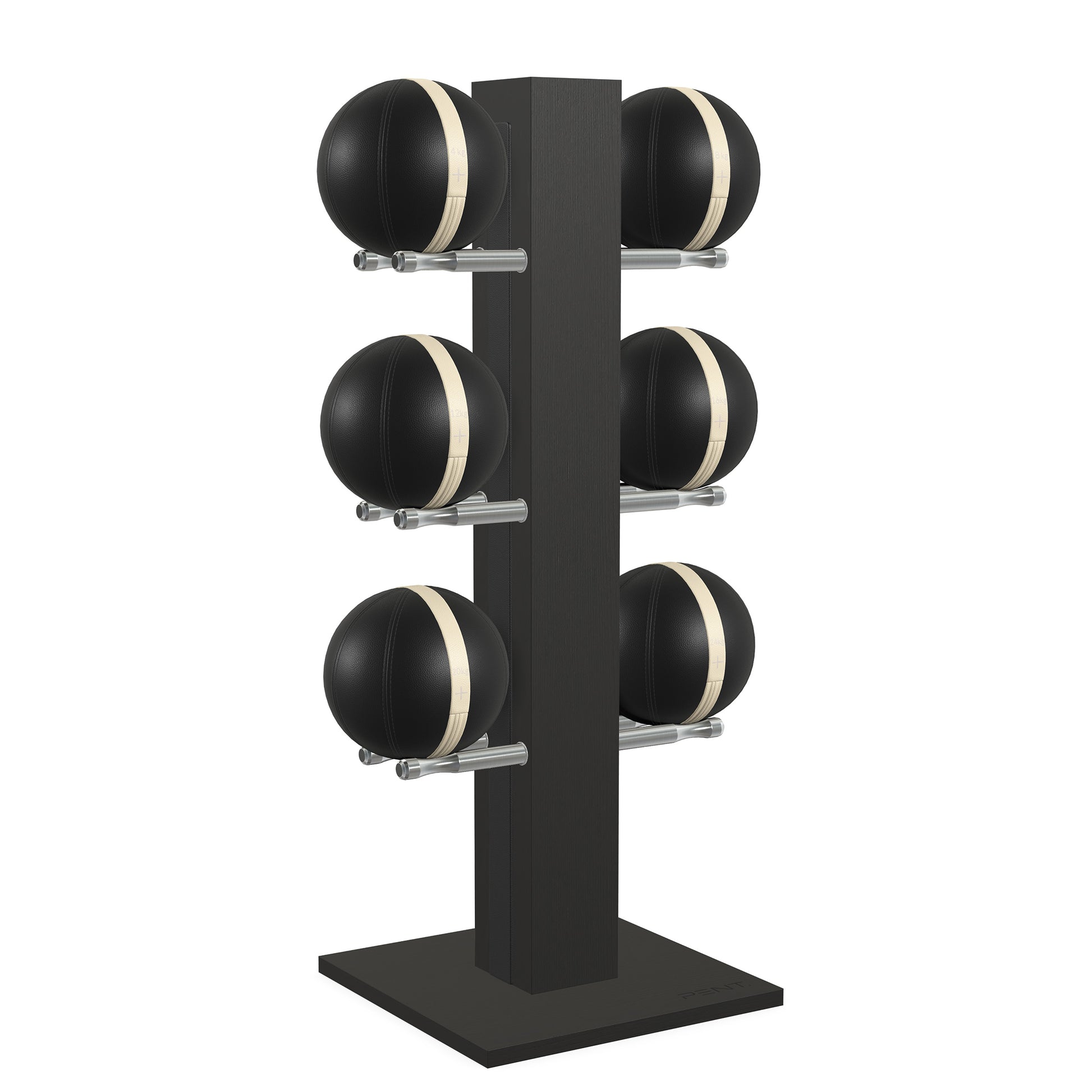 Luxury fitness equipment,  6 leather medicine ball on vertical wooden stand, handcrafted with premium Italian black leather and natural black ash wood. PENT. MOXA Set