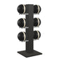 Luxury fitness equipment,  6 leather medicine ball on vertical wooden stand, handcrafted with premium Italian black leather and natural black ash wood. PENT. MOXA Set