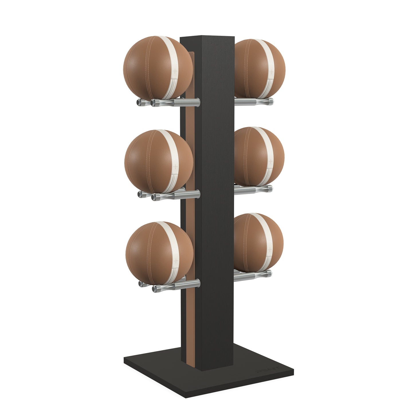 Luxury fitness equipment,  6 leather medicine ball on vertical wooden stand, handcrafted with premium Italian brown leather and natural black ash wood. PENT. MOXA Set