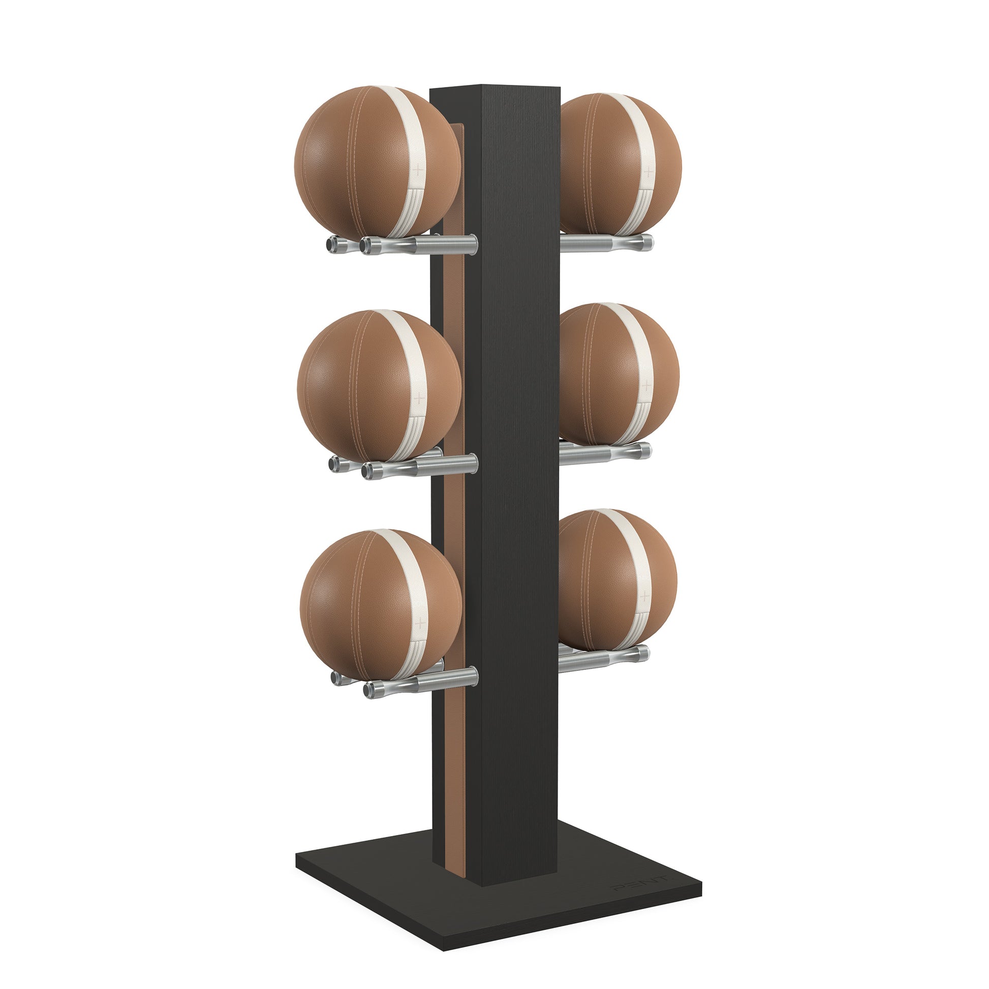 Luxury fitness equipment,  6 leather medicine ball on vertical wooden stand, handcrafted with premium Italian brown leather and natural black ash wood. PENT. MOXA Set
