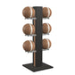 Luxury fitness equipment,  6 leather medicine ball on vertical wooden stand, handcrafted with premium Italian brown leather and natural black ash wood. PENT. MOXA Set