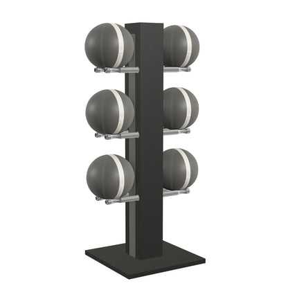Luxury fitness equipment,  6 leather medicine ball on vertical wooden stand, handcrafted with premium Italian grey leather and natural black ash wood. PENT. MOXA Set