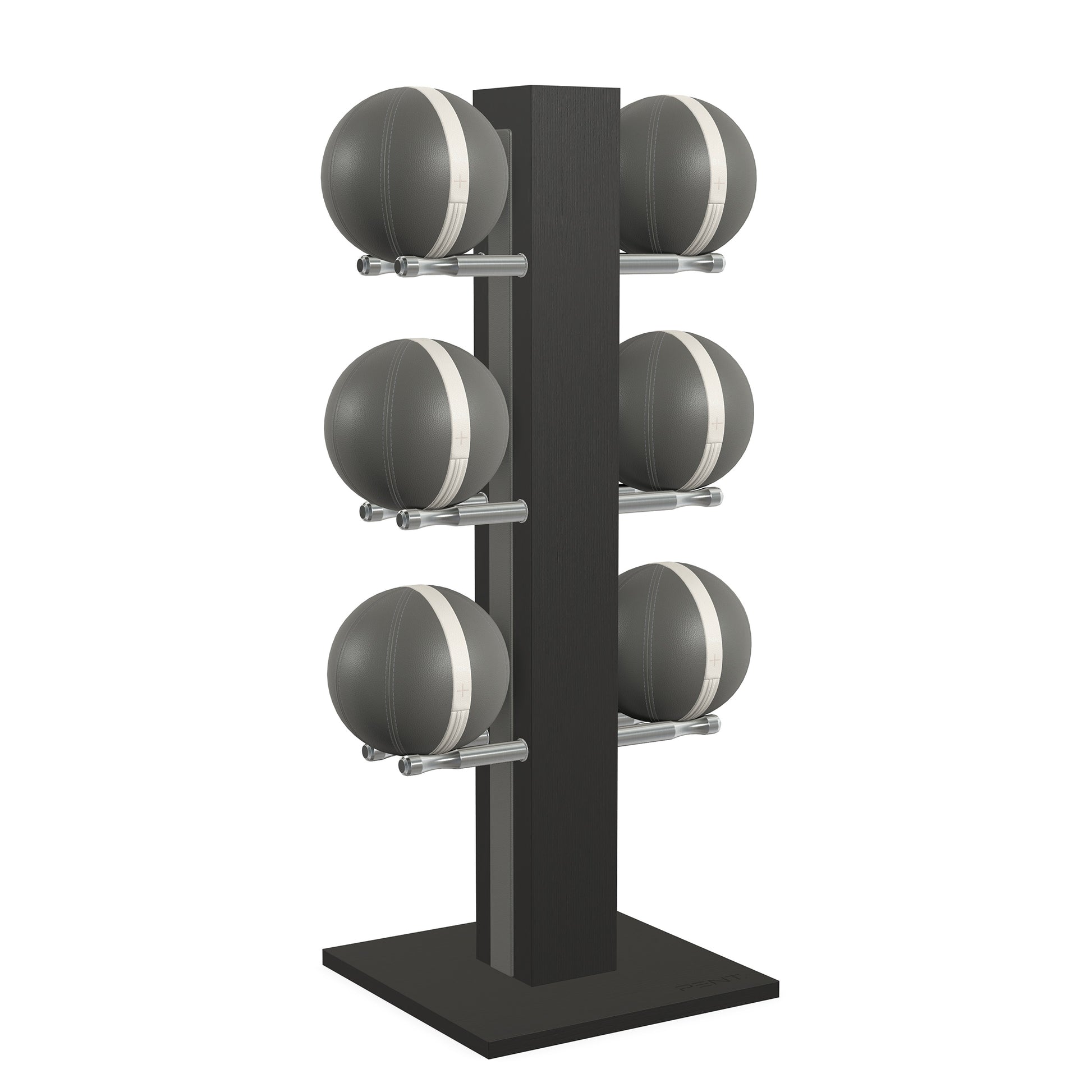 Luxury fitness equipment,  6 leather medicine ball on vertical wooden stand, handcrafted with premium Italian grey leather and natural black ash wood. PENT. MOXA Set