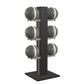 Luxury fitness equipment,  6 leather medicine ball on vertical wooden stand, handcrafted with premium Italian grey leather and natural black ash wood. PENT. MOXA Set