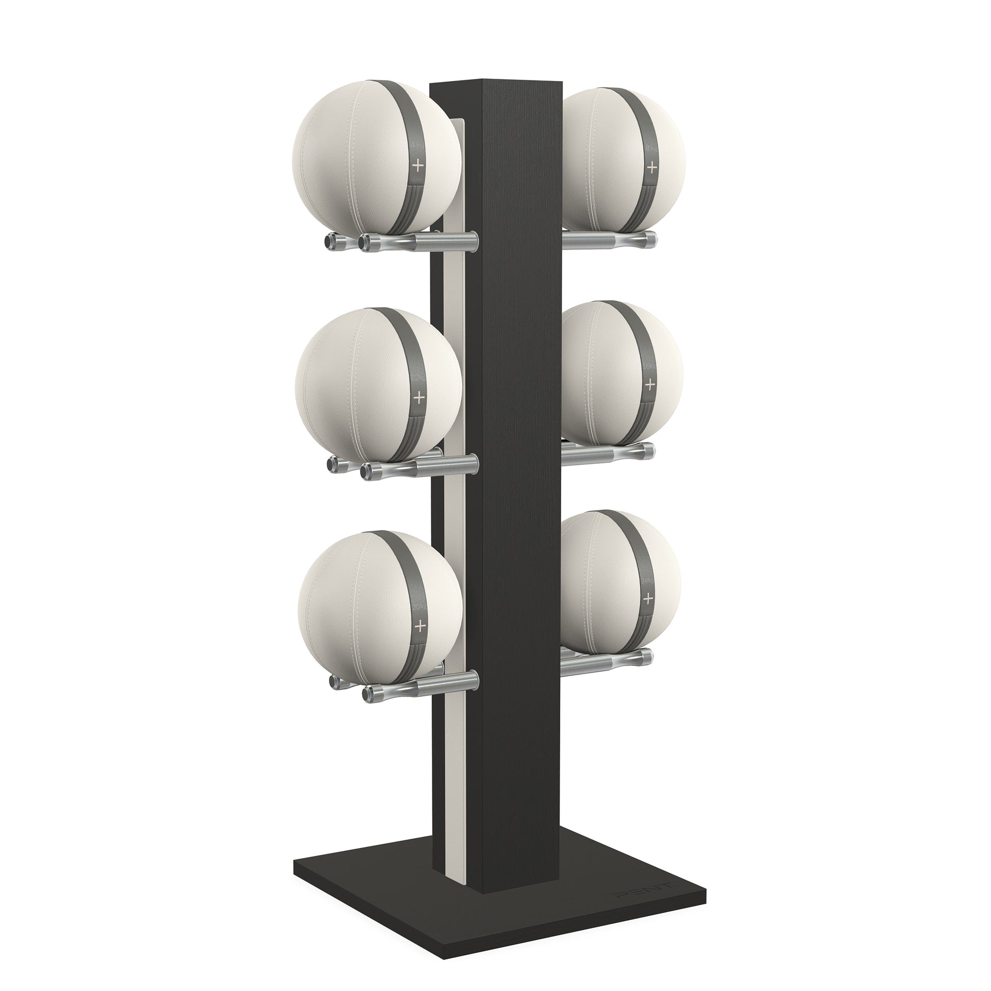 Luxury fitness equipment,  6 leather medicine ball on vertical wooden stand, handcrafted with premium Italian white leather and natural black ash wood. PENT. MOXA Set