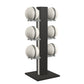 Luxury fitness equipment,  6 leather medicine ball on vertical wooden stand, handcrafted with premium Italian white leather and natural black ash wood. PENT. MOXA Set