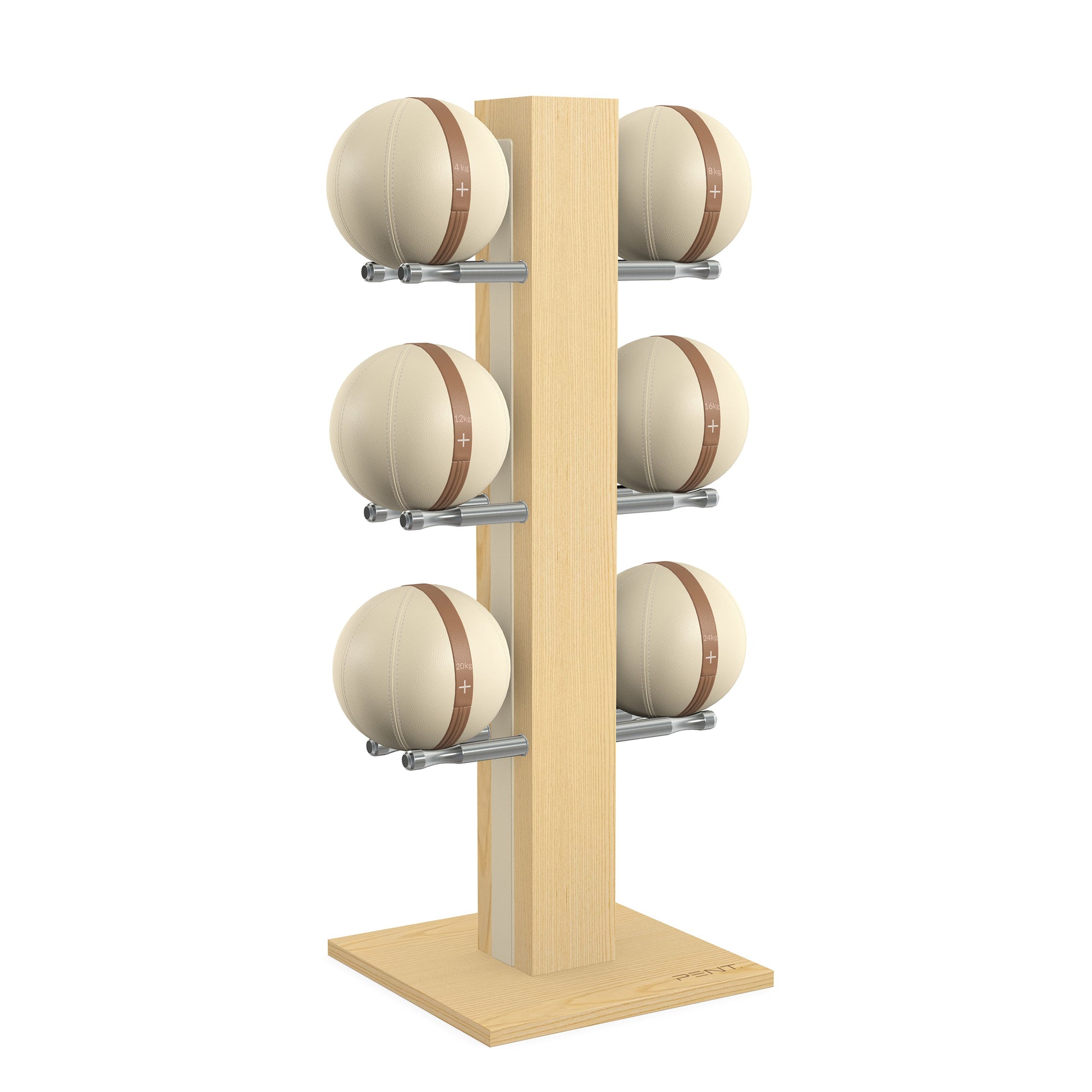 Luxury fitness equipment,  6 leather medicine ball on vertical wooden stand, handcrafted with premium Italian beige leather and natural ash wood. PENT. MOXA Set