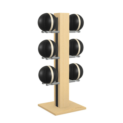 Luxury fitness equipment,  6 leather medicine ball on vertical wooden stand, handcrafted with premium Italian black leather and natural ash wood. PENT. MOXA Set