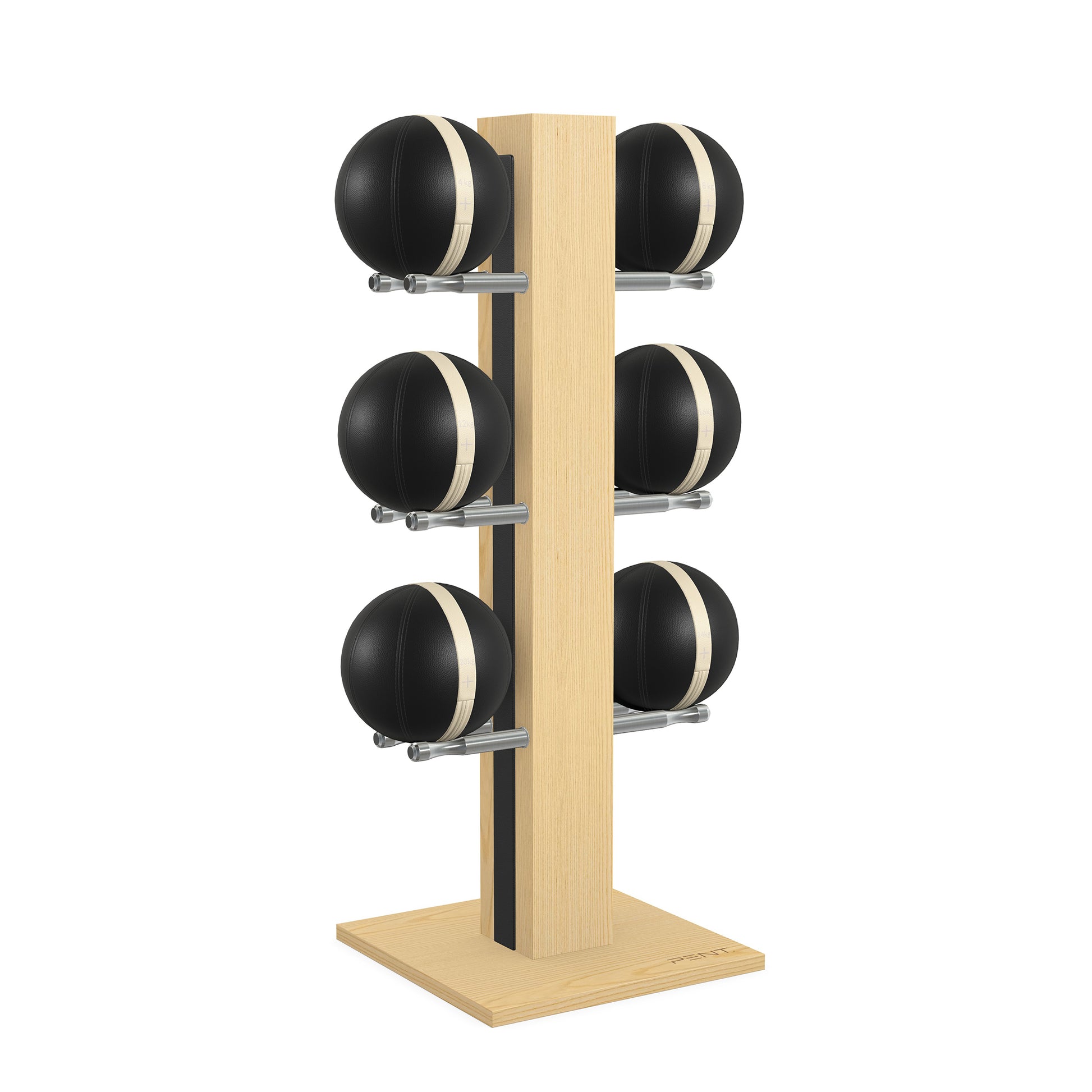 Luxury fitness equipment,  6 leather medicine ball on vertical wooden stand, handcrafted with premium Italian black leather and natural ash wood. PENT. MOXA Set