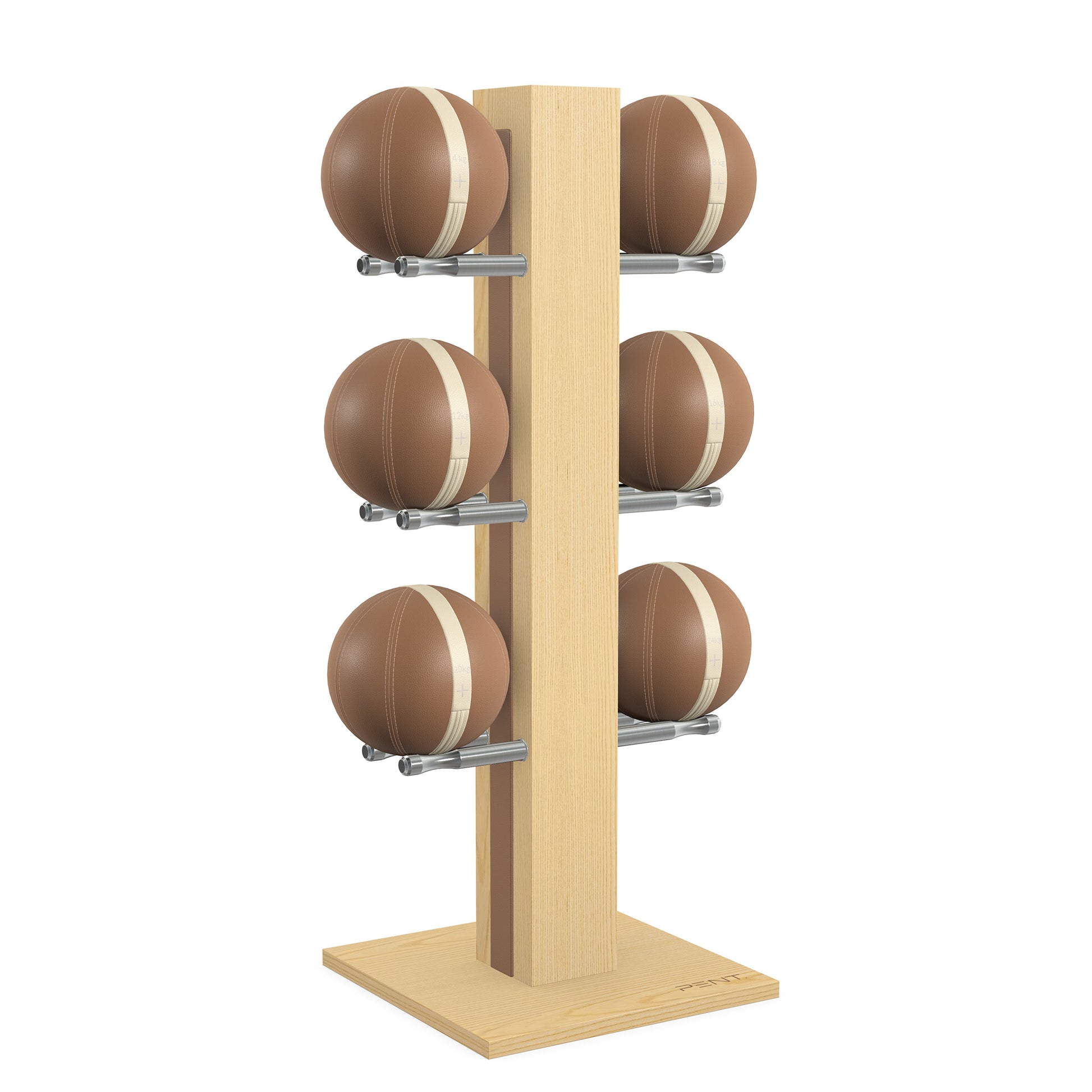 Luxury fitness equipment,  6 leather medicine ball on vertical wooden stand, handcrafted with premium Italian brown leather and natural ash wood. PENT. MOXA Set
