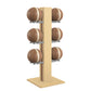 Luxury fitness equipment,  6 leather medicine ball on vertical wooden stand, handcrafted with premium Italian brown leather and natural ash wood. PENT. MOXA Set