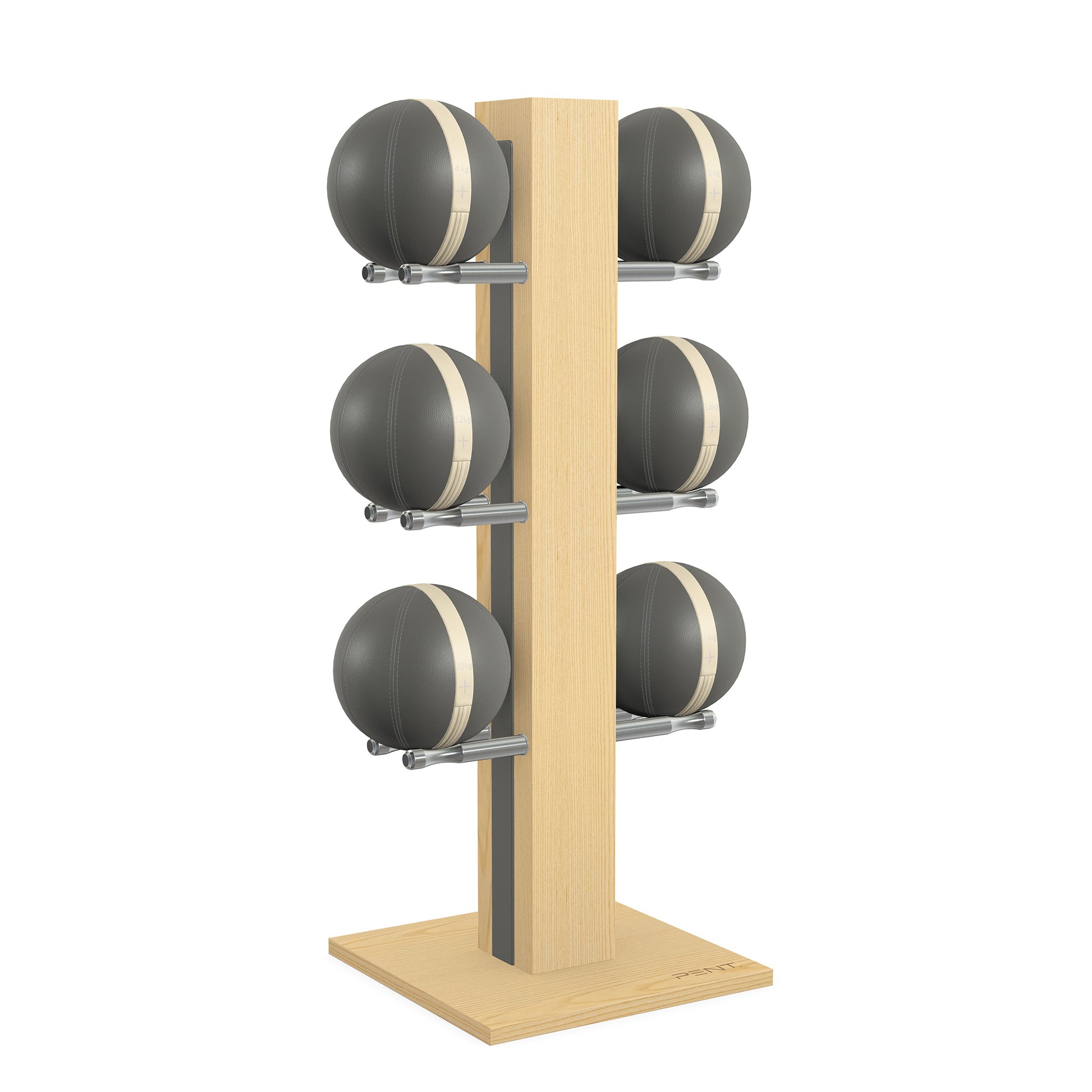 Luxury fitness equipment,  6 leather medicine ball on vertical wooden stand, handcrafted with premium Italian grey leather and natural ash wood. PENT. MOXA Set