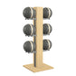 Luxury fitness equipment,  6 leather medicine ball on vertical wooden stand, handcrafted with premium Italian grey leather and natural ash wood. PENT. MOXA Set