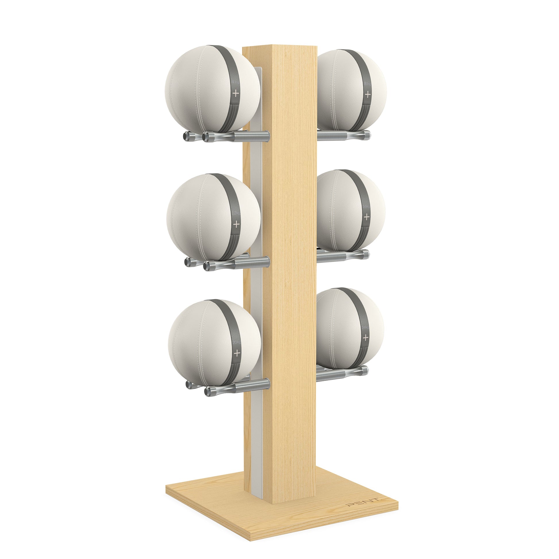 Luxury fitness equipment,  6 leather medicine ball on vertical wooden stand, handcrafted with premium Italian white leather and natural ash wood. PENT. MOXA Set