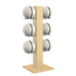 Luxury fitness equipment,  6 leather medicine ball on vertical wooden stand, handcrafted with premium Italian white leather and natural ash wood. PENT. MOXA Set