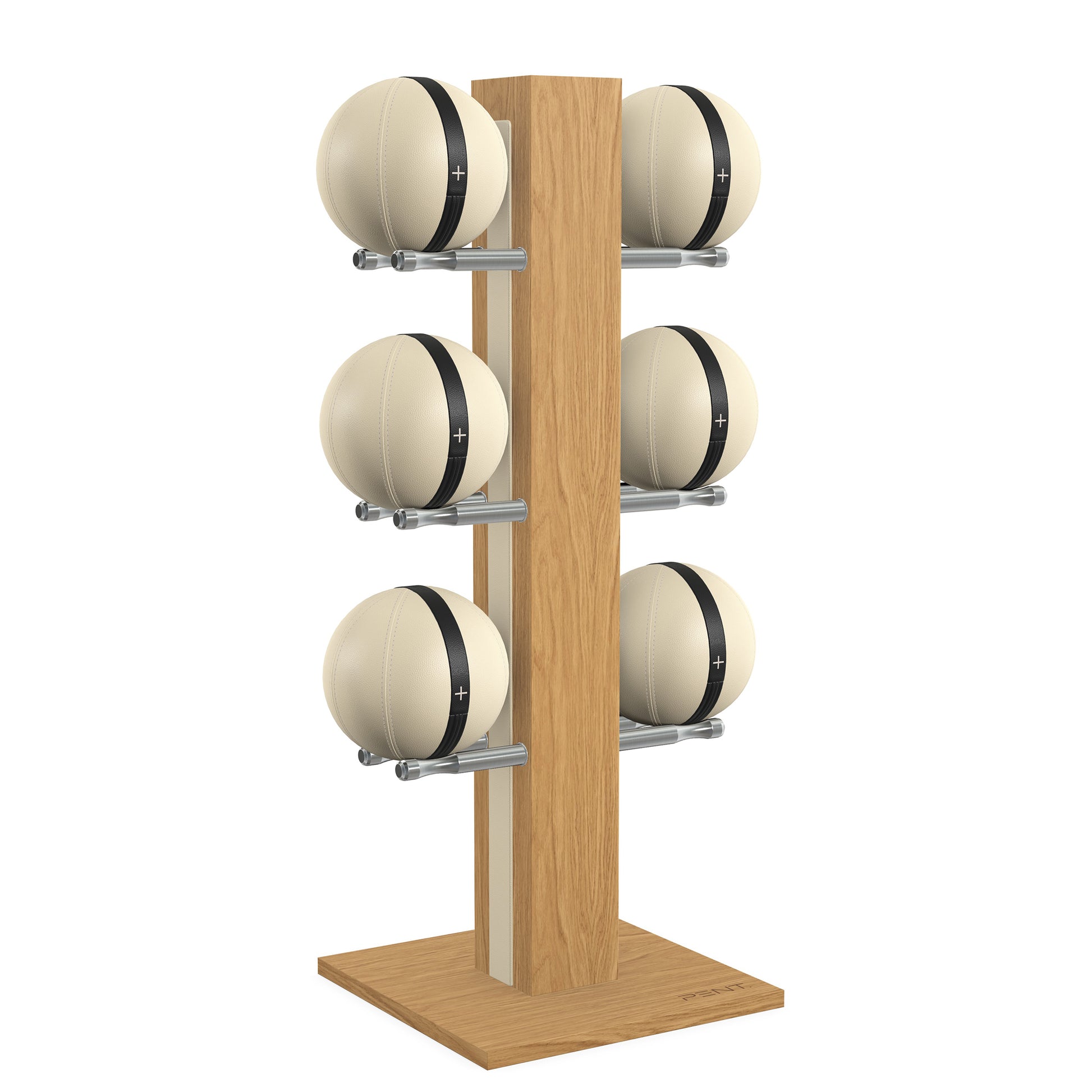 Luxury fitness equipment,  6 leather medicine ball on vertical wooden stand, handcrafted with premium Italian beige leather and natural oak wood. PENT. MOXA Set