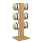 Luxury fitness equipment,  6 leather medicine ball on vertical wooden stand, handcrafted with premium Italian beige leather and natural oak wood. PENT. MOXA Set