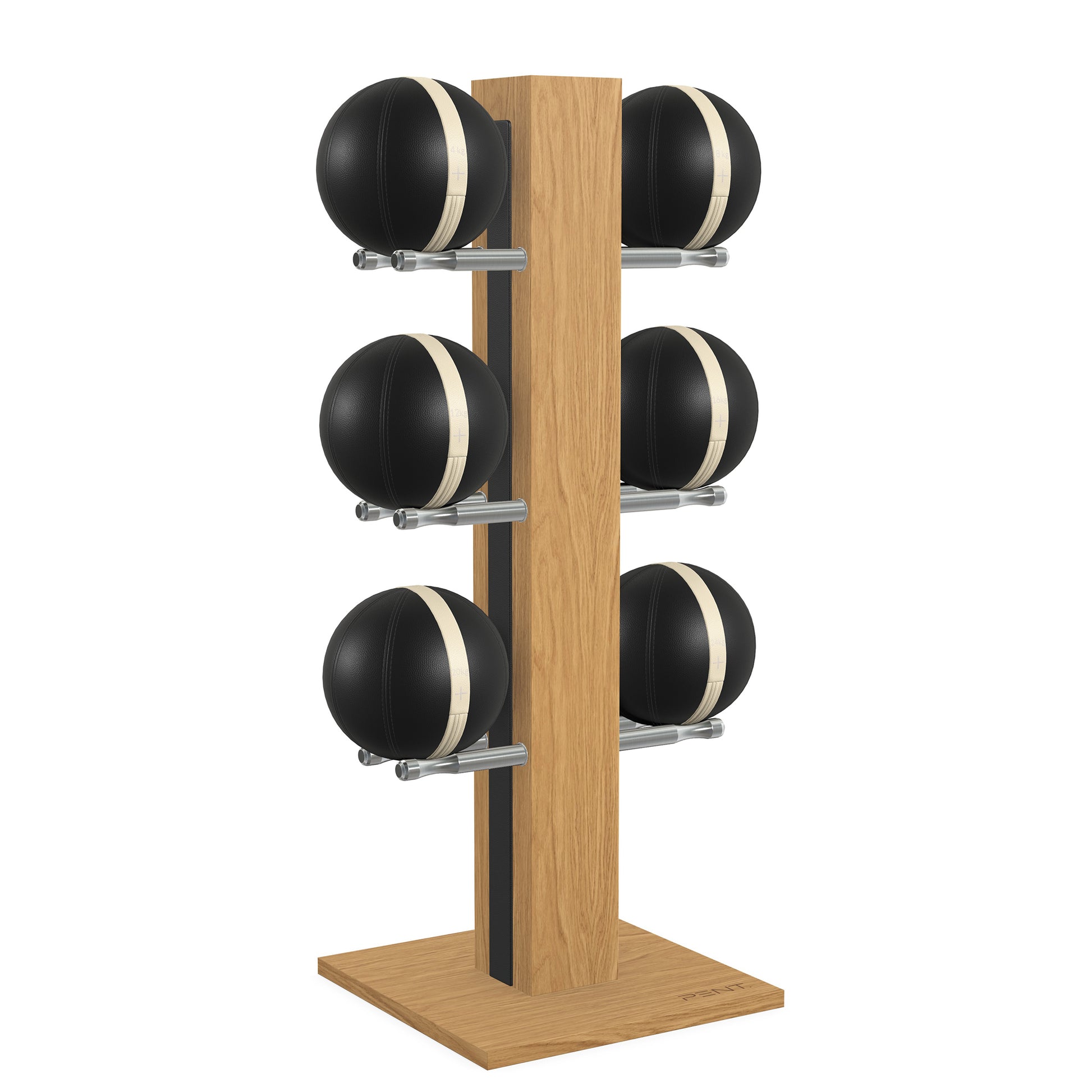 Luxury fitness equipment,  6 leather medicine ball on vertical wooden stand, handcrafted with premium Italian black leather and natural oak wood. PENT. MOXA Set