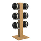 Luxury fitness equipment,  6 leather medicine ball on vertical wooden stand, handcrafted with premium Italian black leather and natural oak wood. PENT. MOXA Set