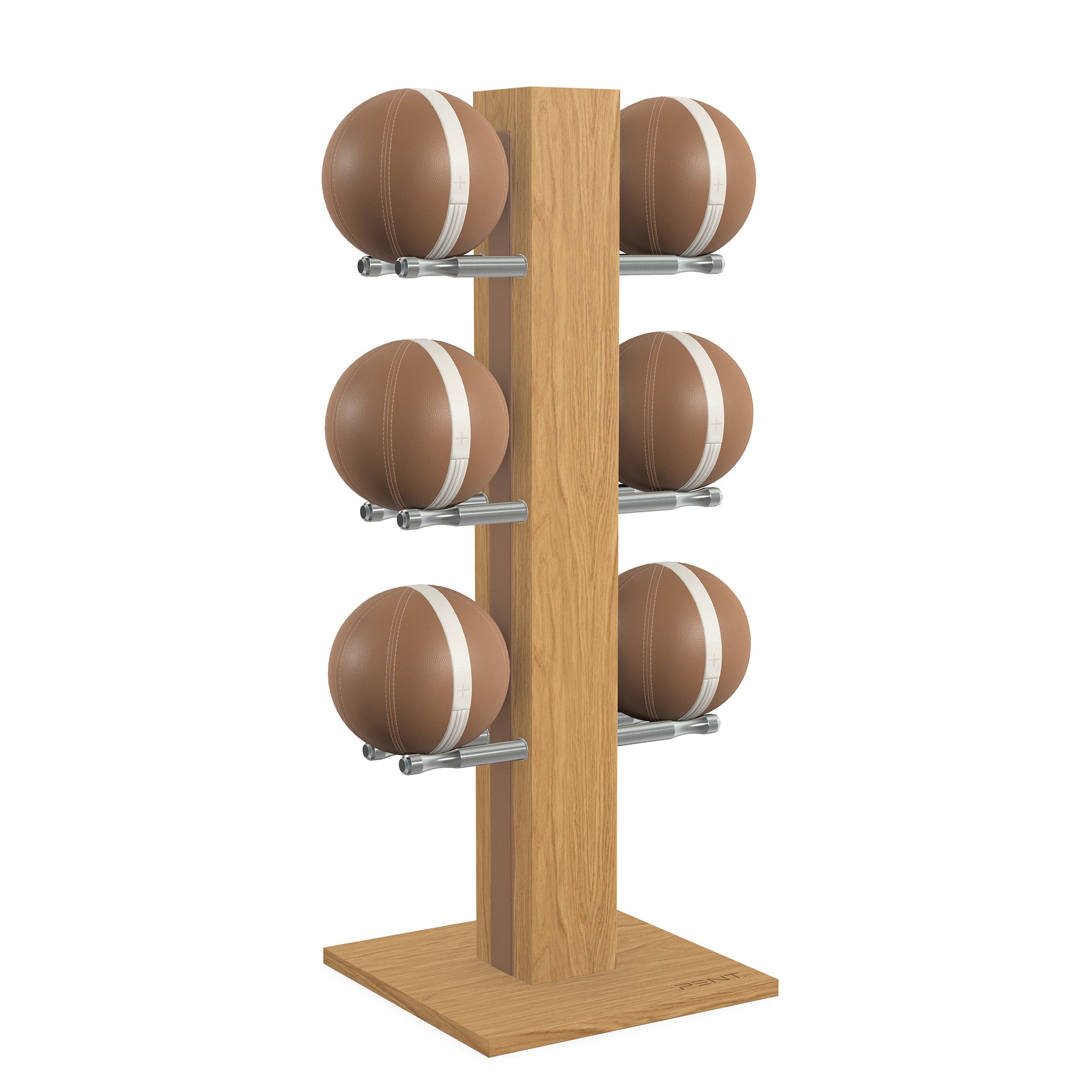 Luxury fitness equipment,  6 leather medicine ball on vertical wooden stand, handcrafted with premium Italian brown leather and natural oak wood. PENT. MOXA Set