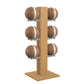 Luxury fitness equipment,  6 leather medicine ball on vertical wooden stand, handcrafted with premium Italian brown leather and natural oak wood. PENT. MOXA Set