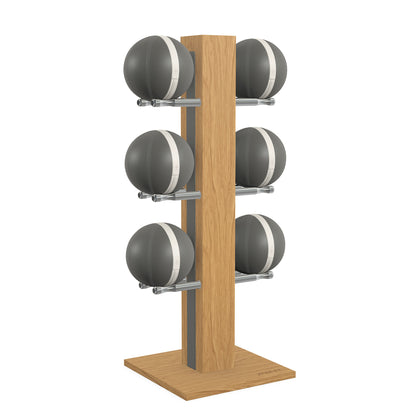 Luxury fitness equipment,  6 leather medicine ball on vertical wooden stand, handcrafted with premium Italian grey leather and natural oak wood. PENT. MOXA Set